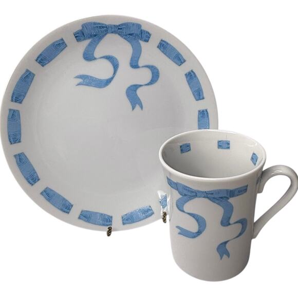 VTG Neiman Marcus Trompe l'Oeil Blue Ribbon MUG & PLATE SET Japan Made White NEW - Picture 1 of 6